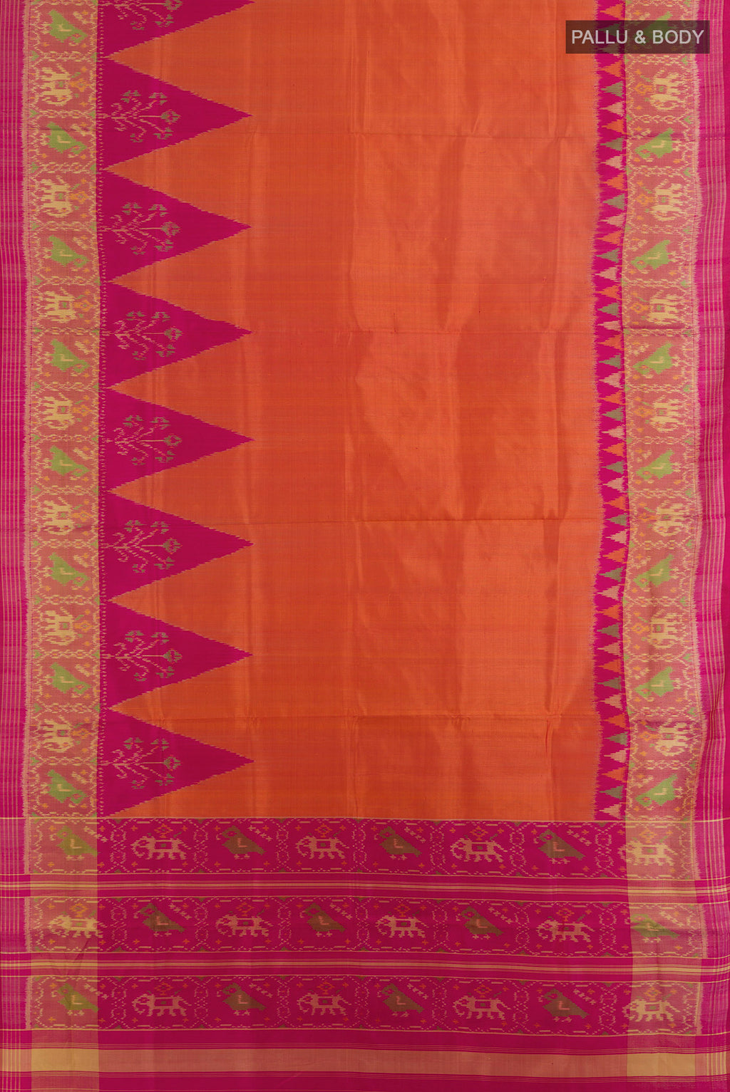 Flat view of Pure Silk Brick Orange Rajkot Patola Saree with Plain Body and Zari Border. 