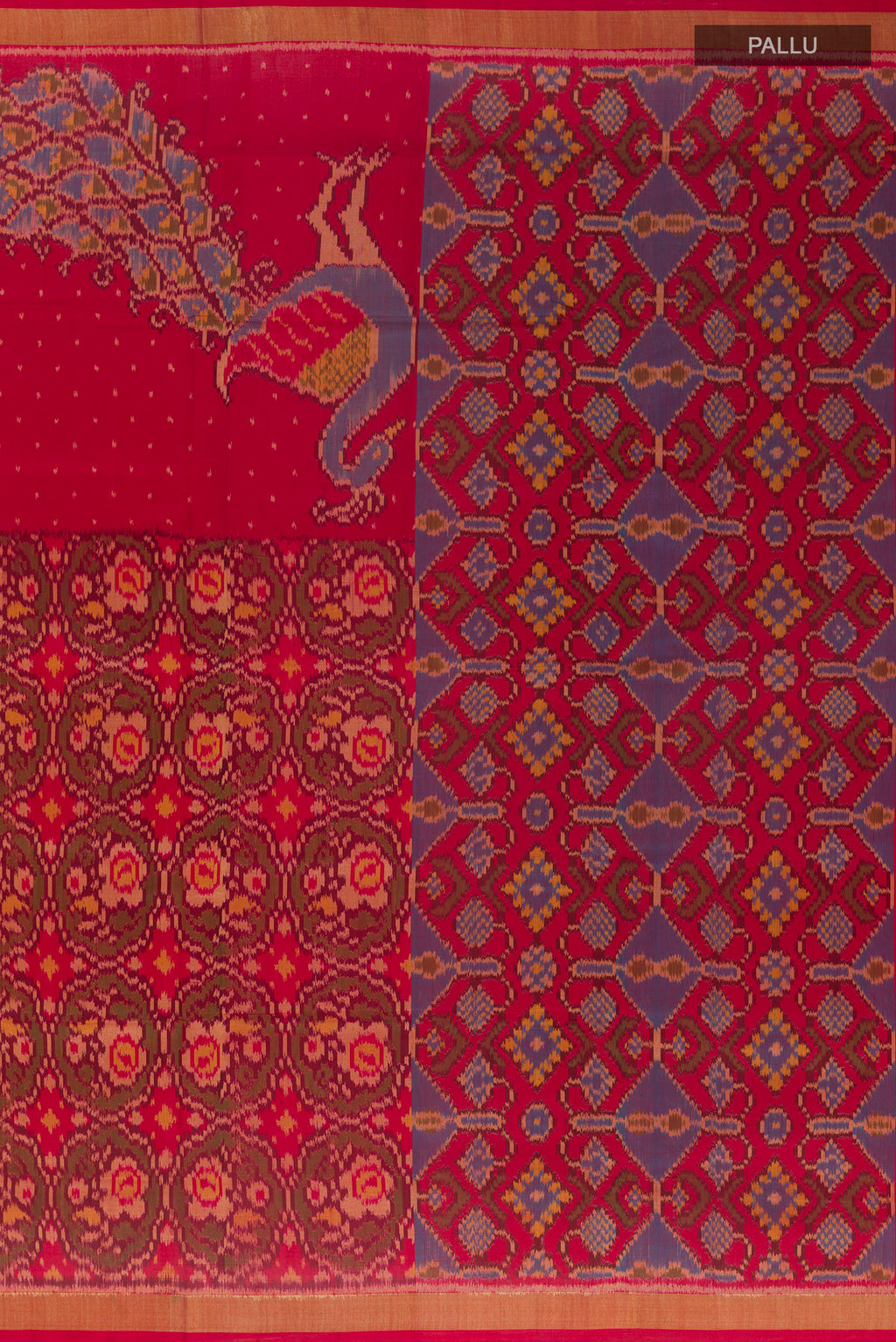 Close up image of the pallu of Pure Silk Red Rajkot Patola Saree with Pure Ikat on the body and Zari Border. 