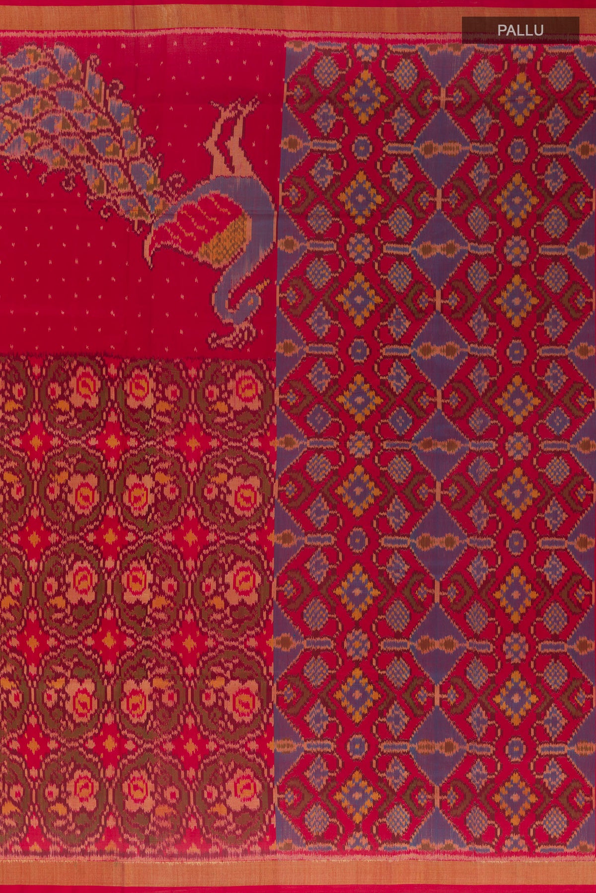 Close up image of the pallu of Pure Silk Red Rajkot Patola Saree with Pure Ikat on the body and Zari Border. 