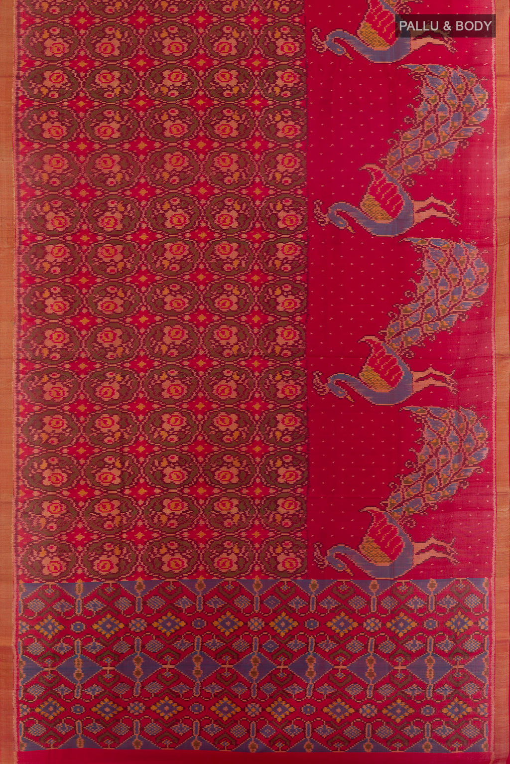 Flat view of Pure Silk Red Rajkot Patola Saree with Pure Ikat on the body and Zari Border. 