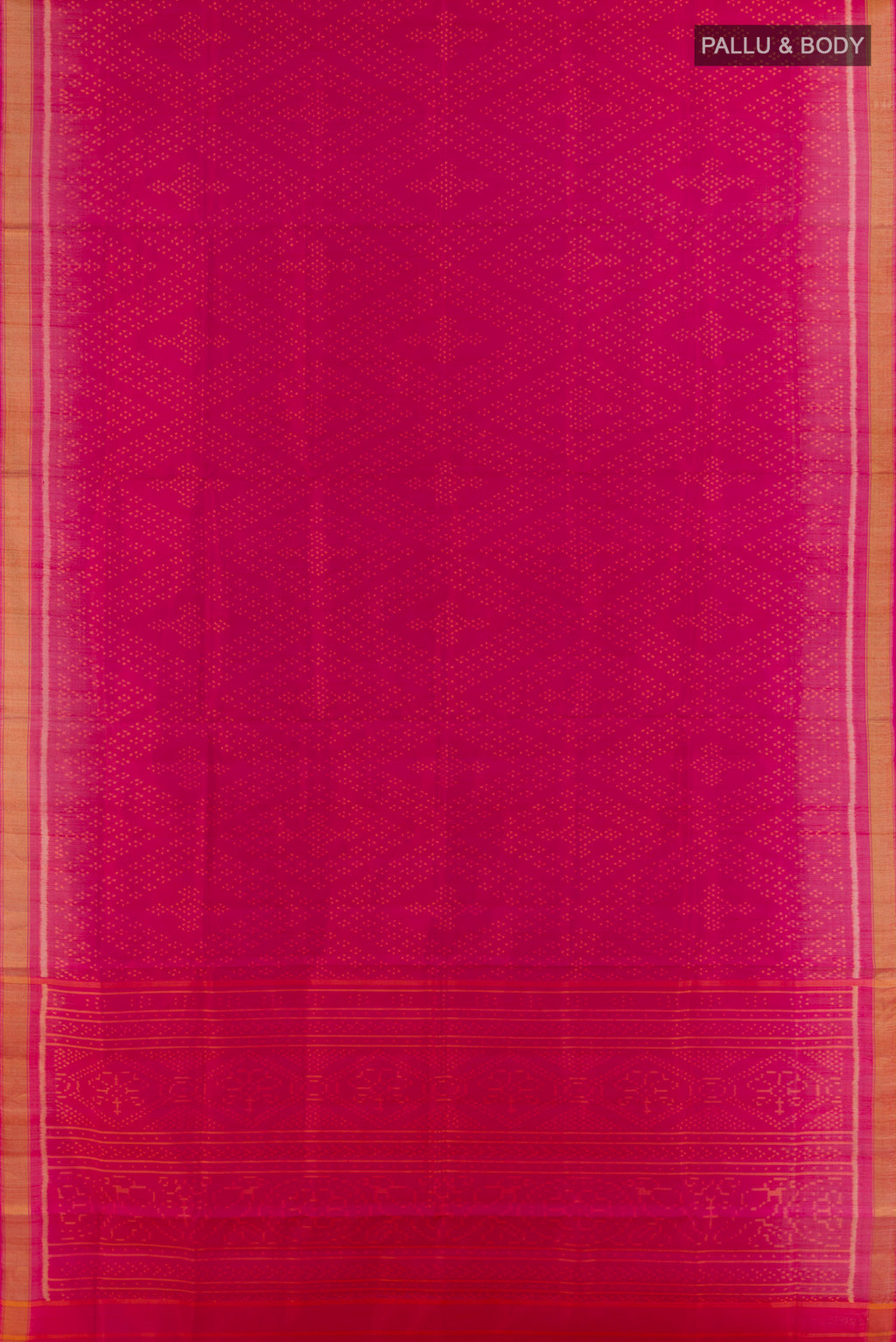 Flat view of Pure Silk Pink Rajkot Patola Saree with Pure Ikat on the body and Zari Border. 