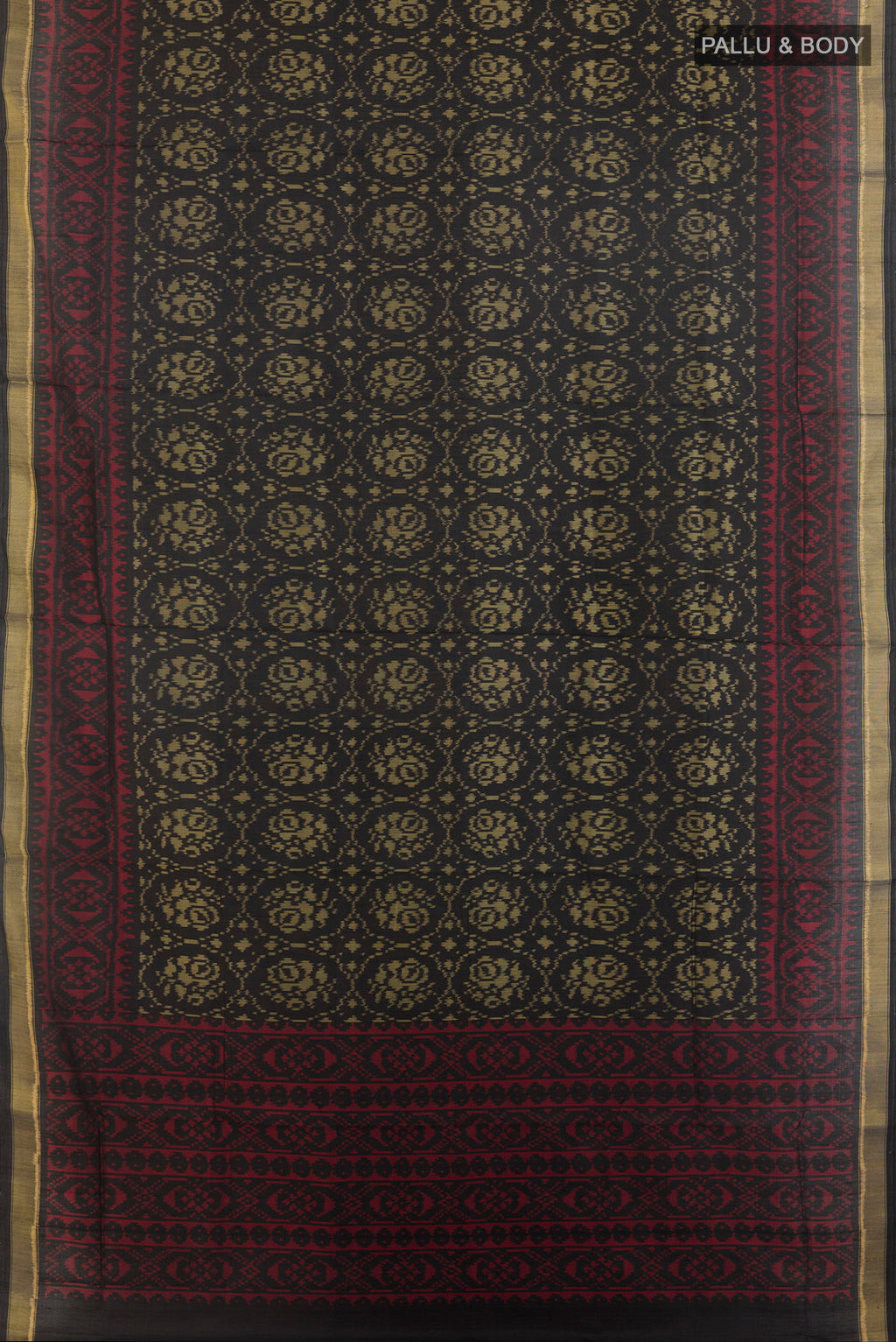 Flat view of Pure Silk Black Rajkot Patola Saree with Pure Ikat on the body and Zari Border. 