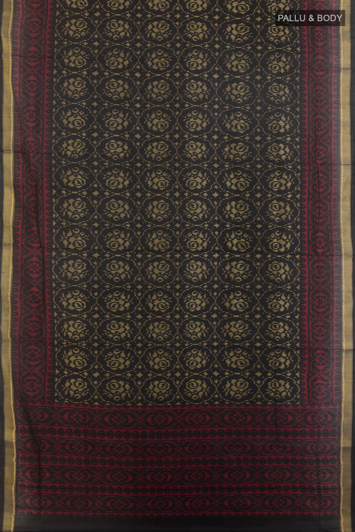 Flat view of Pure Silk Black Rajkot Patola Saree with Pure Ikat on the body and Zari Border. 