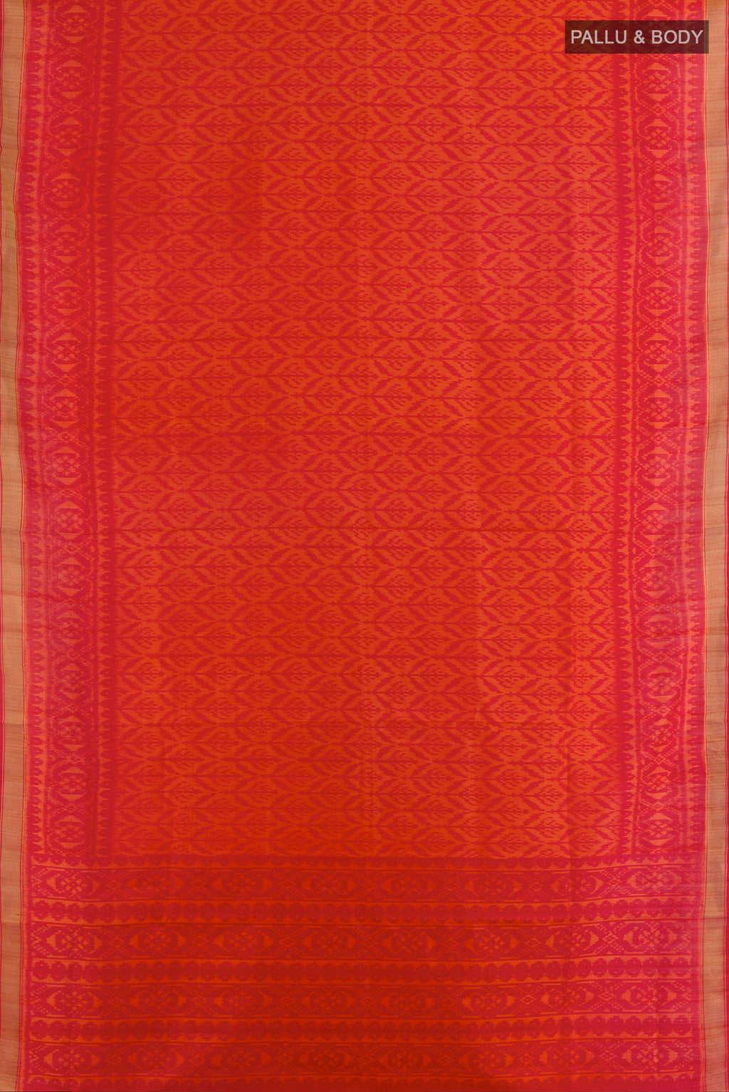 Flat view of Pure Silk Orange Rajkot Patola Saree with Pure Ikat on the body and Ikat Border. 