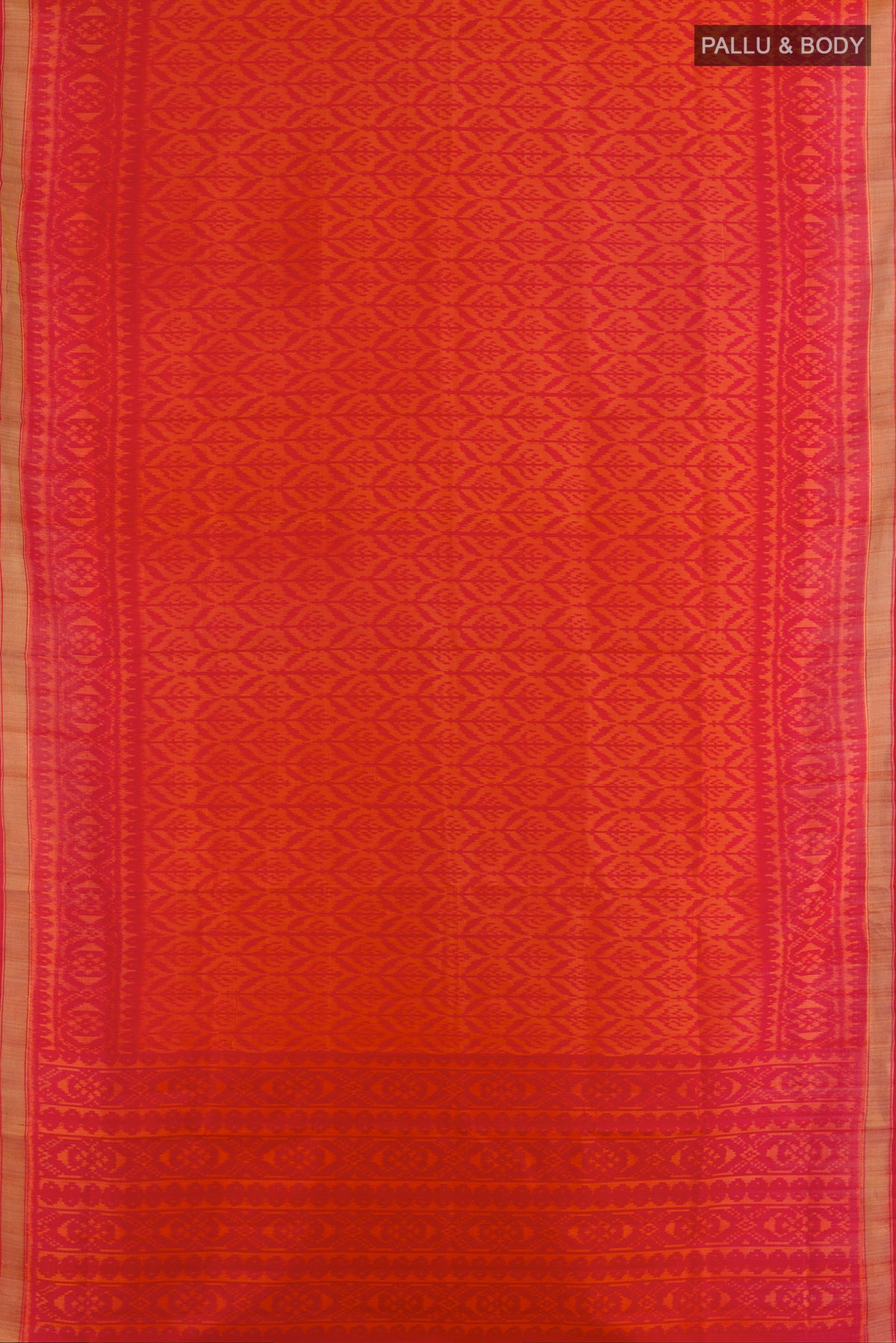 Flat view of Pure Silk Orange Rajkot Patola Saree with Pure Ikat on the body and Ikat Border. 