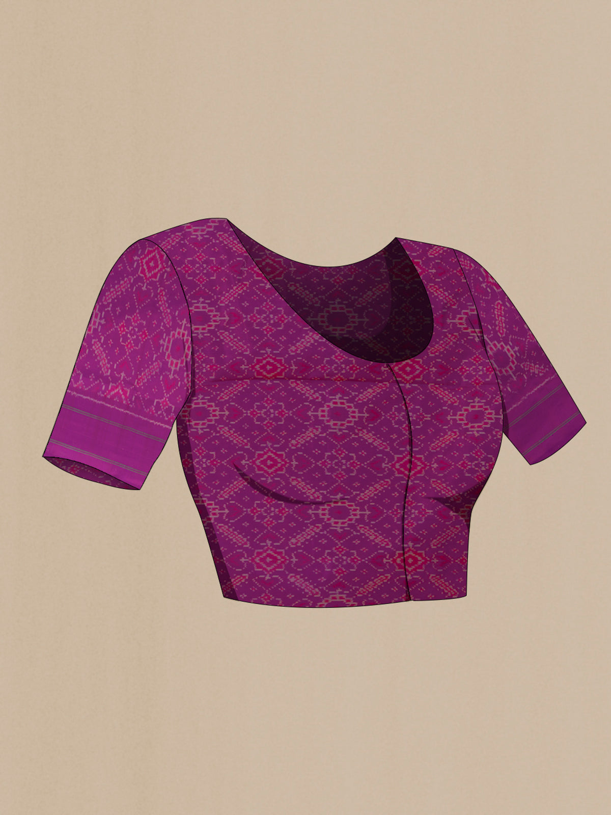 Close up image of the blouse of Pure Silk Purple Pochampally Saree with Pure Ikat on the body and Plain Border. 