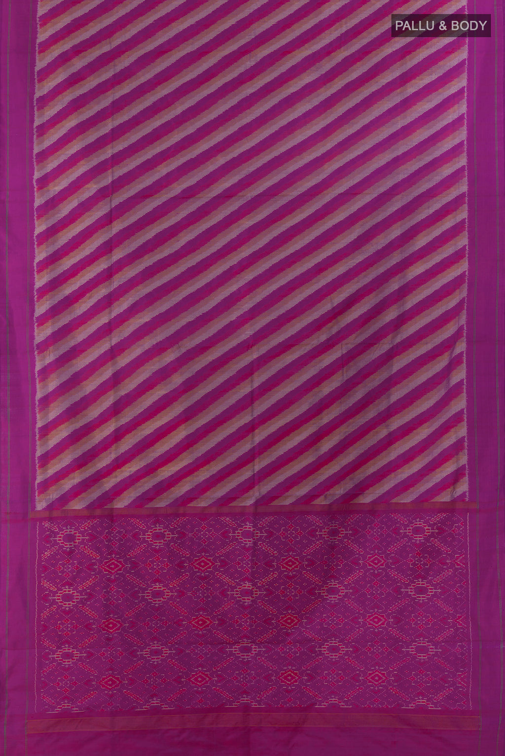 Flat view of Pure Silk Purple Pochampally Saree with Pure Ikat on the body and Plain Border. 
