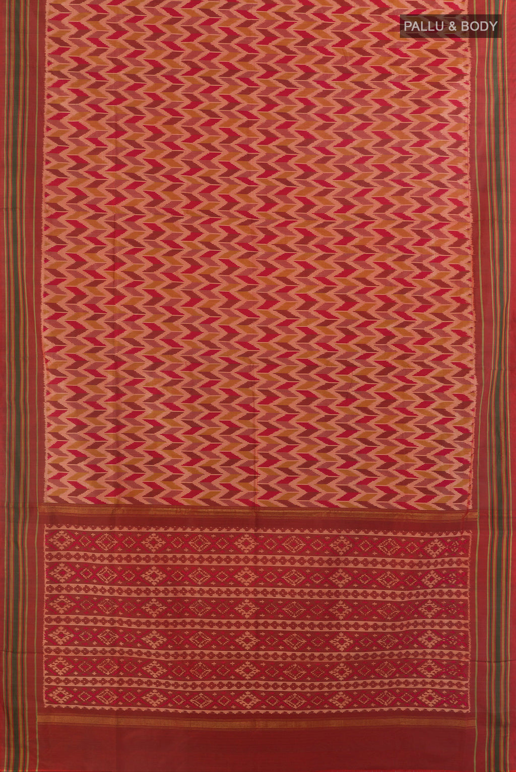 Flat view of Pure Silk Peach Pochampally Saree with Pure Ikat on the body and Plain Border. 