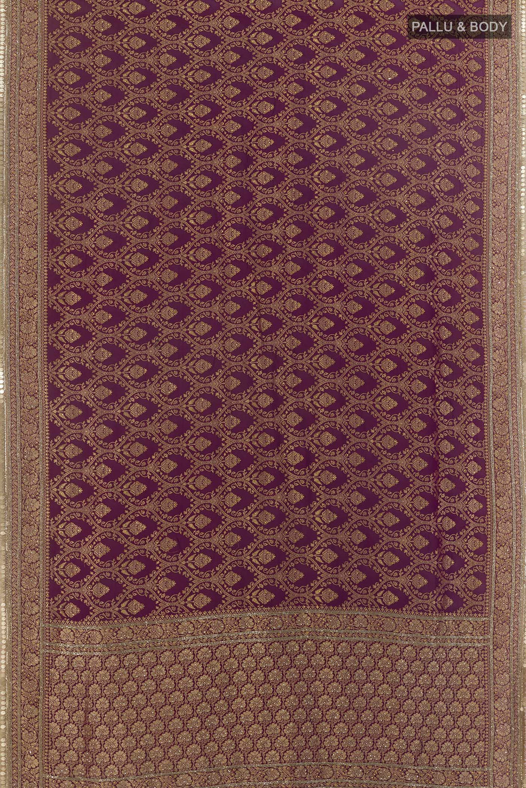 Flat view of Purple Blended Banarasi Georgette Saree with Zari Brocade on the body and Zari Border. 