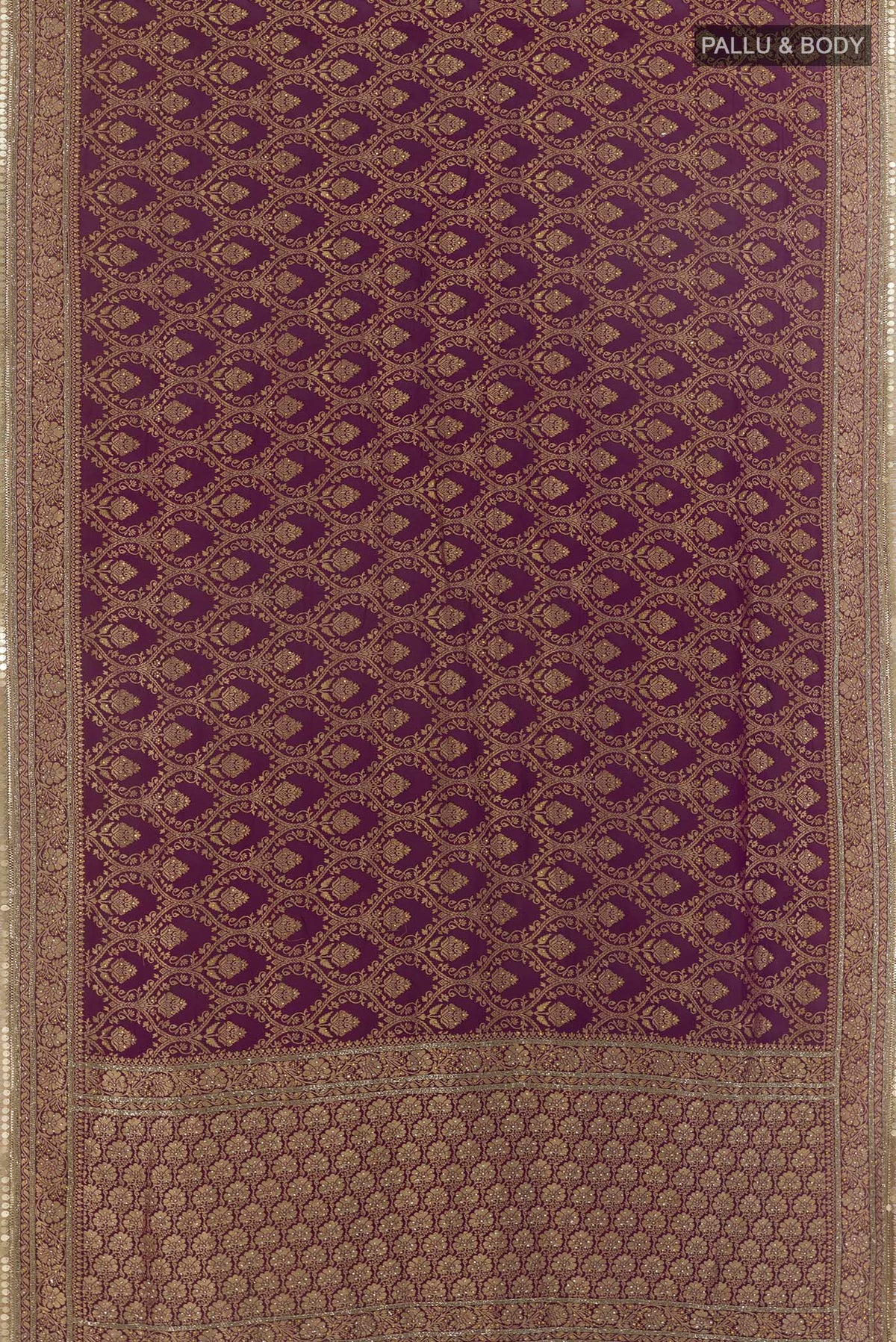 Flat view of Purple Blended Banarasi Georgette Saree with Zari Brocade on the body and Zari Border. 