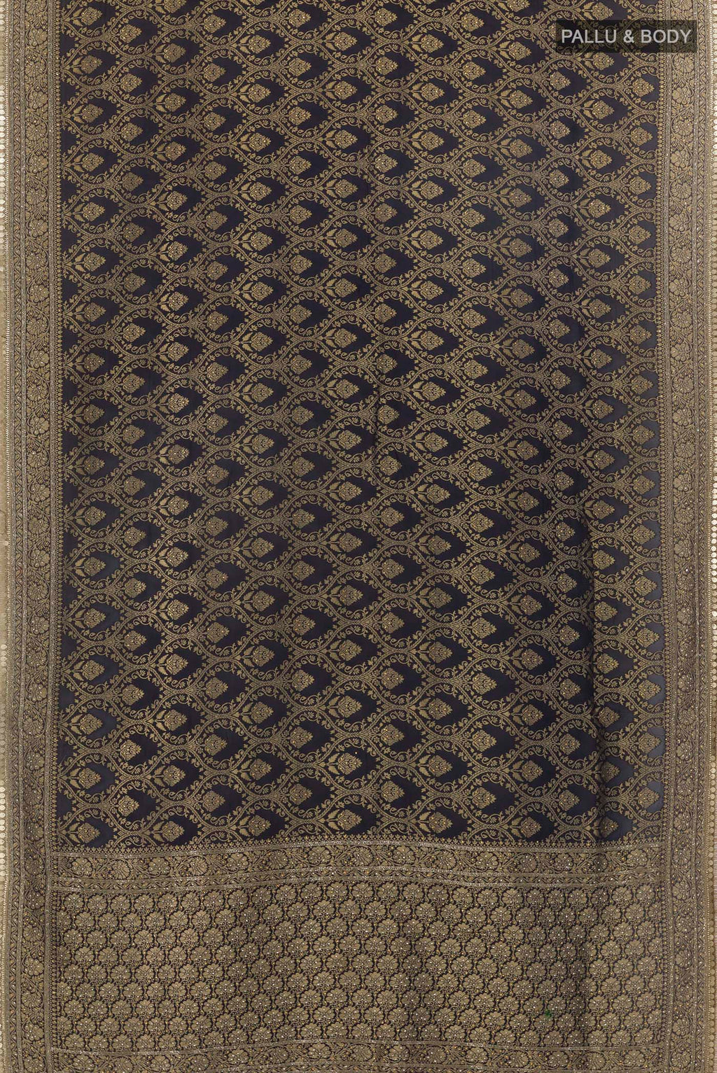 Flat view of Navy Blue Blended Banarasi Georgette Saree with Zari Brocade on the body and Zari Border. 