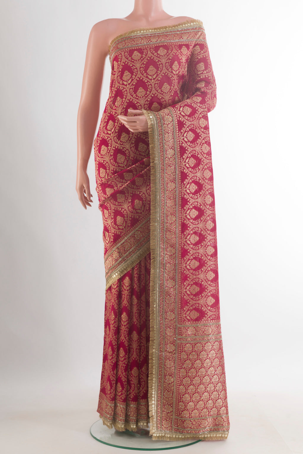 Dark Pink Blended Banarasi Georgette Saree with Zari Brocade on the body and Zari Border.  displayed on a mannequin