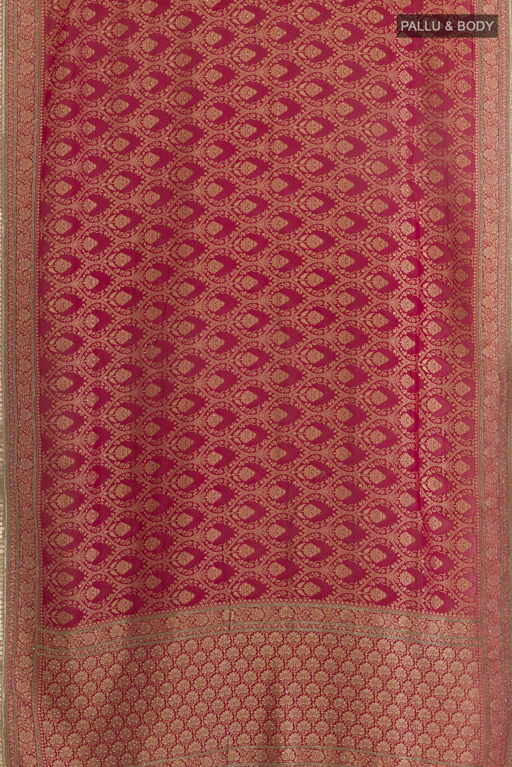 Flat view of Dark Pink Blended Banarasi Georgette Saree with Zari Brocade on the body and Zari Border. 