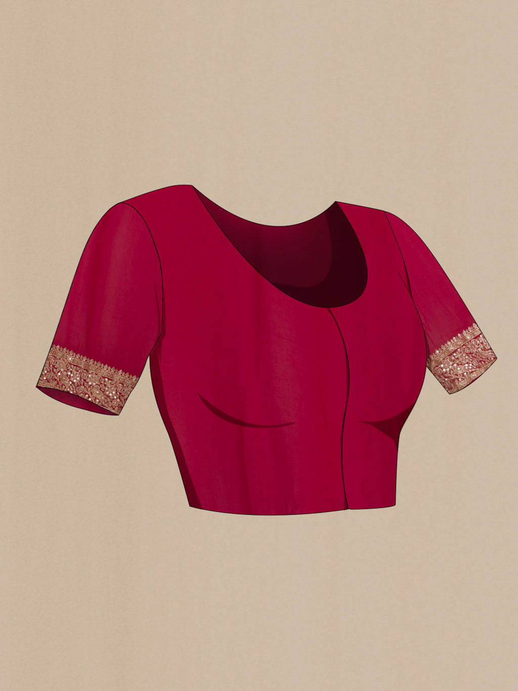 Close up image of the blouse of Red Blended Banarasi Georgette Saree with Zari Butta on the body and Zari Border. 