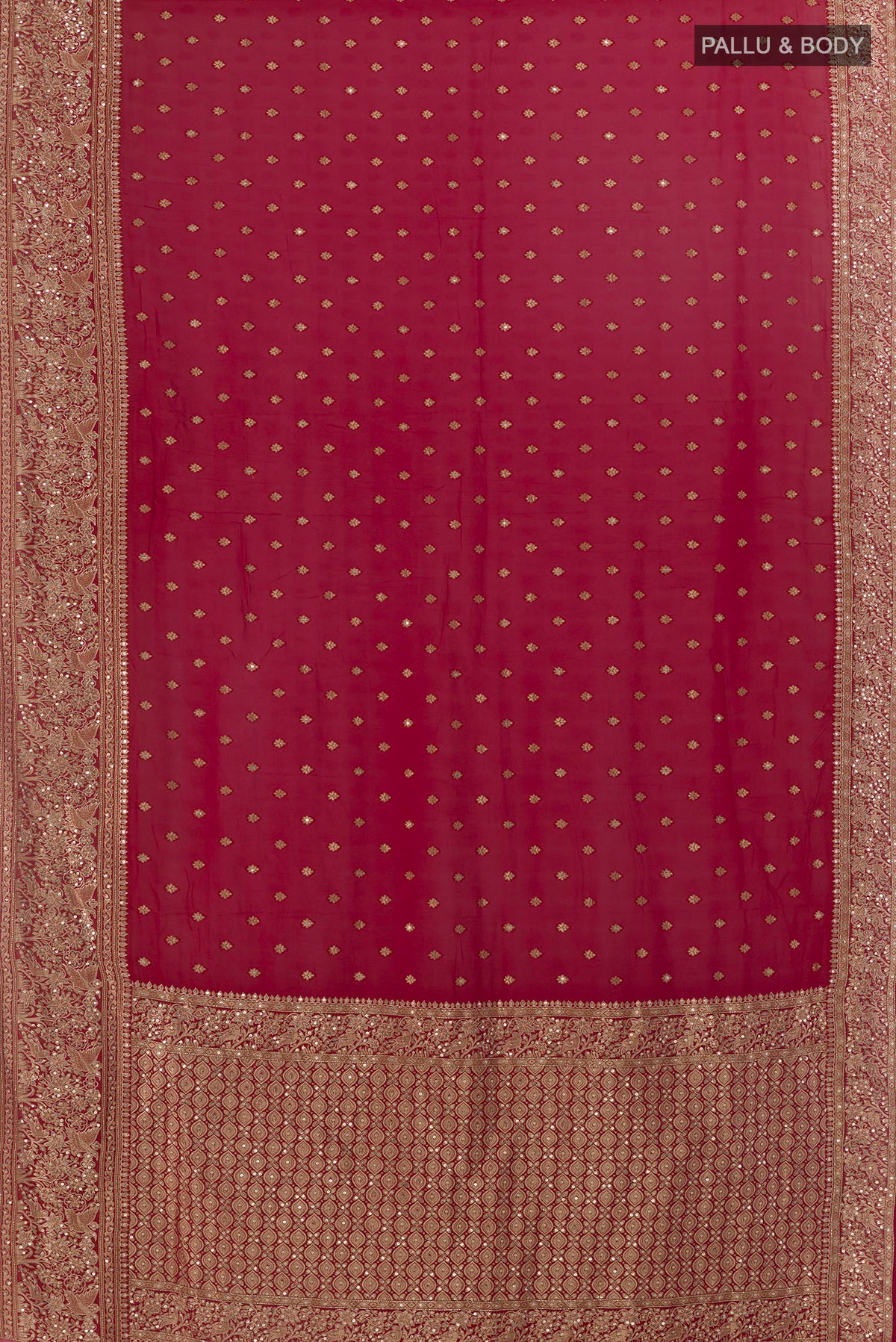 Flat view of Red Blended Banarasi Georgette Saree with Zari Butta on the body and Zari Border. 