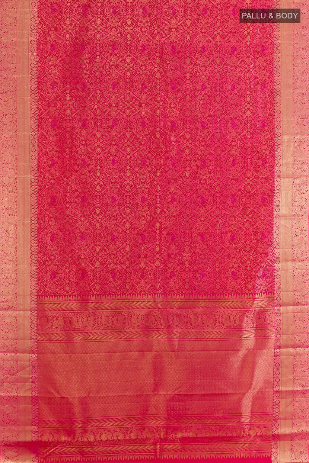 Flat view of Pure Silk Pink Kanchipuram Saree with Zari Brocade on the body and Zari Border. 