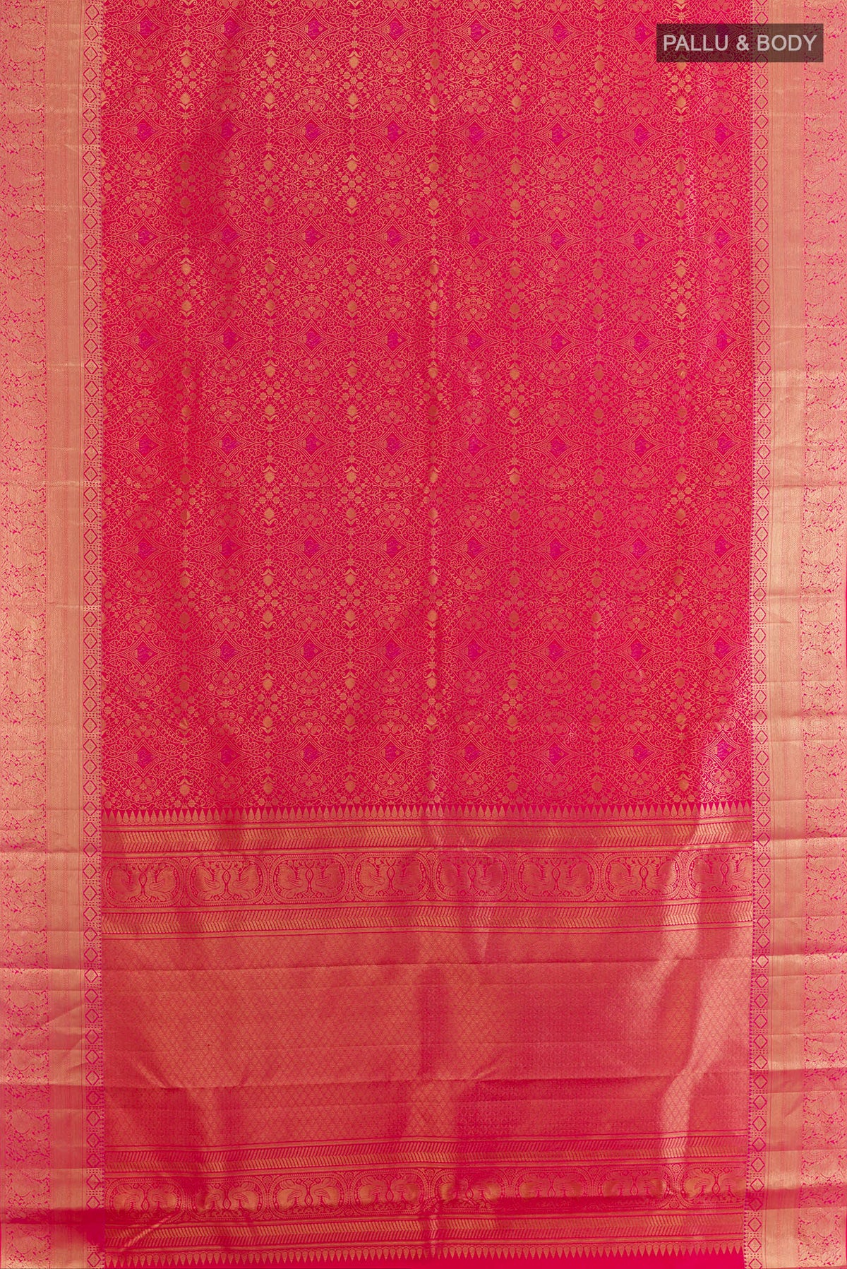 Flat view of Pure Silk Pink Kanchipuram Saree with Zari Brocade on the body and Zari Border. 
