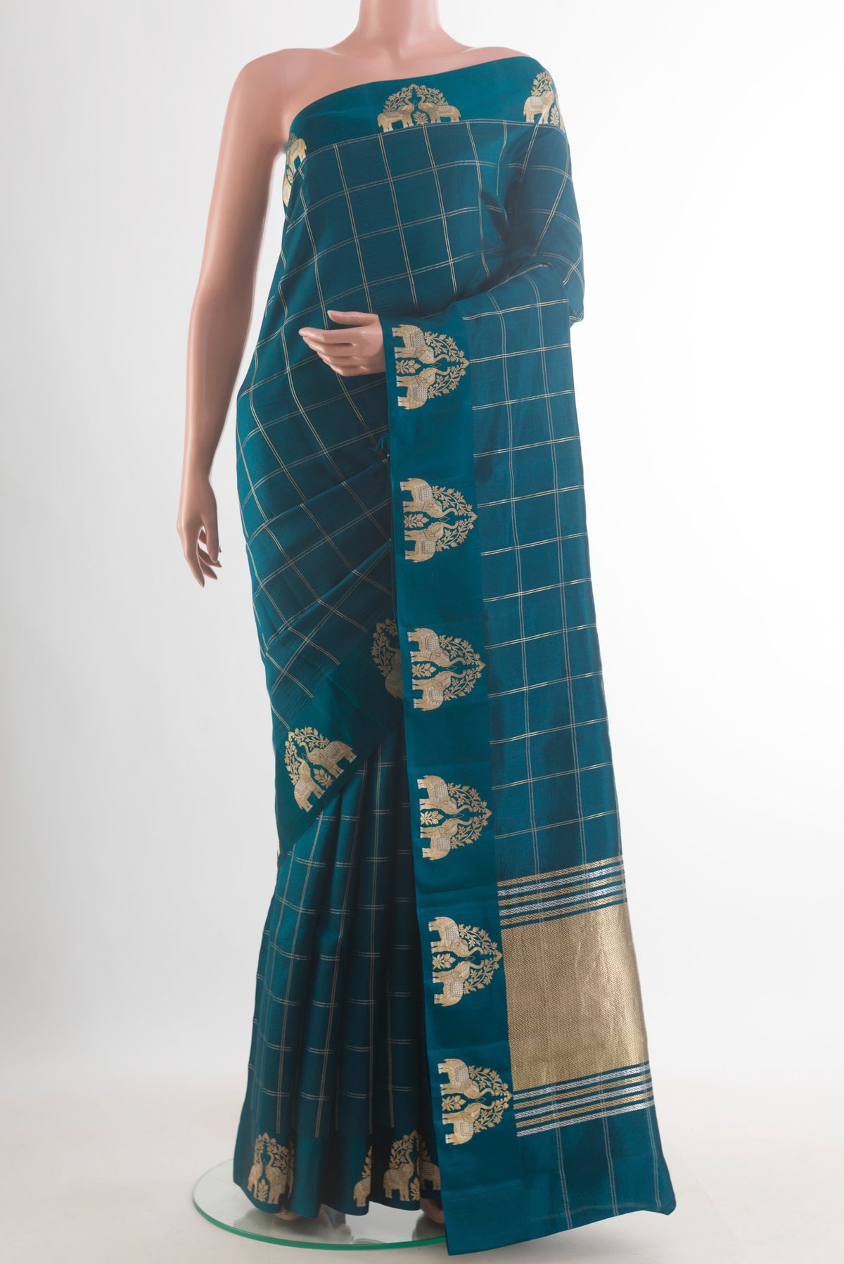 Pure Silk Teal Dual Tone Banarasi Katan Saree with Checked design on the body and Zari Border.  displayed on a mannequin