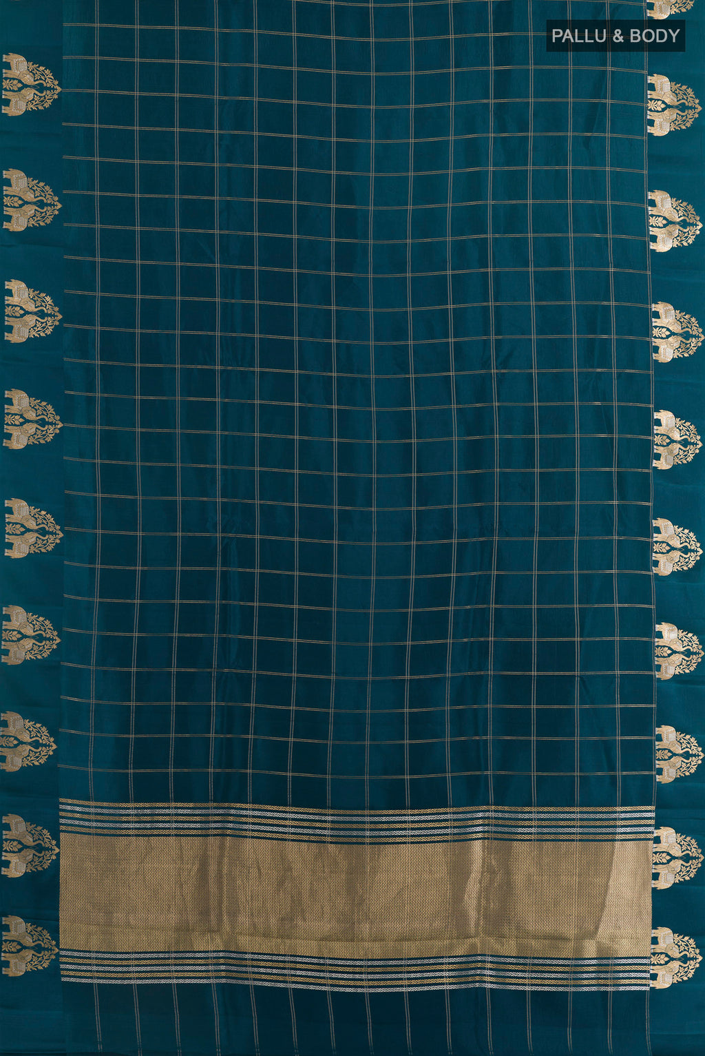 Flat view of Pure Silk Teal Dual Tone Banarasi Katan Saree with Checked design on the body and Zari Border. 