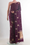 Pure Silk Purple Banarasi Saree with Zari Butta on the body and Zari Border.  displayed on a mannequin