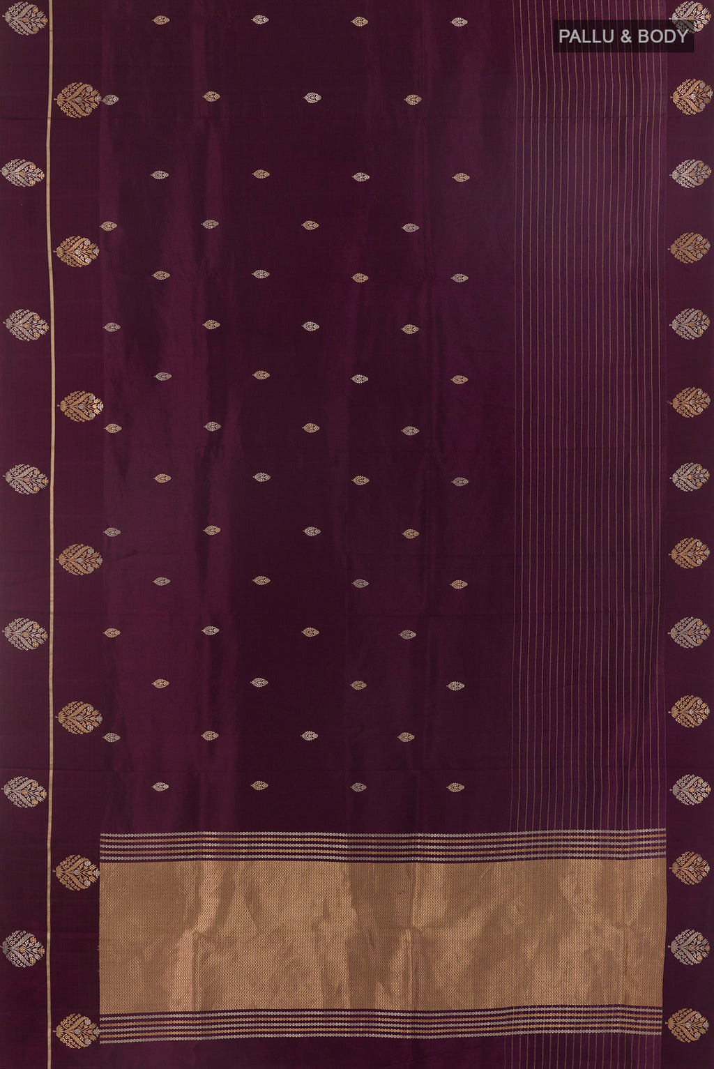 Flat view of Pure Silk Purple Banarasi Saree with Zari Butta on the body and Zari Border. 