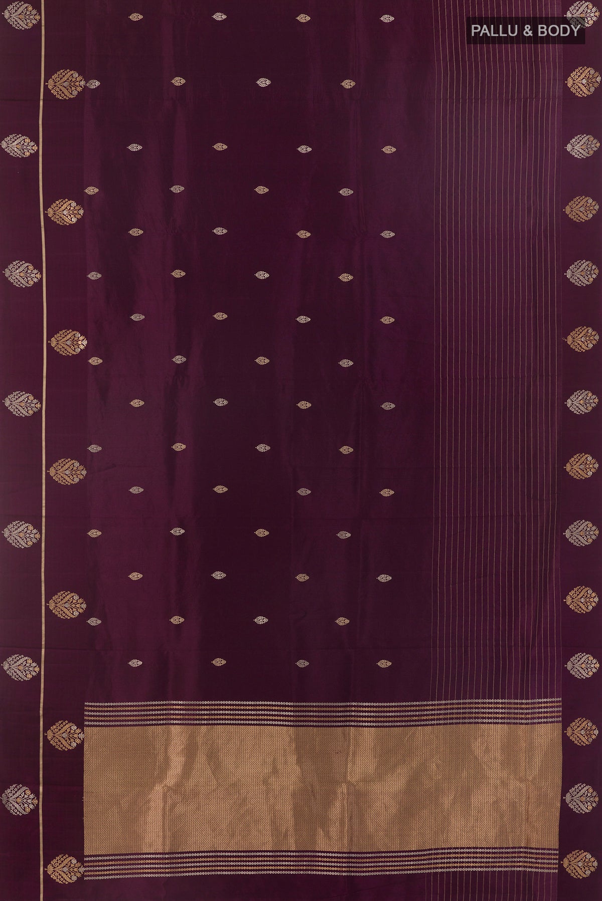 Flat view of Pure Silk Purple Banarasi Saree with Zari Butta on the body and Zari Border. 