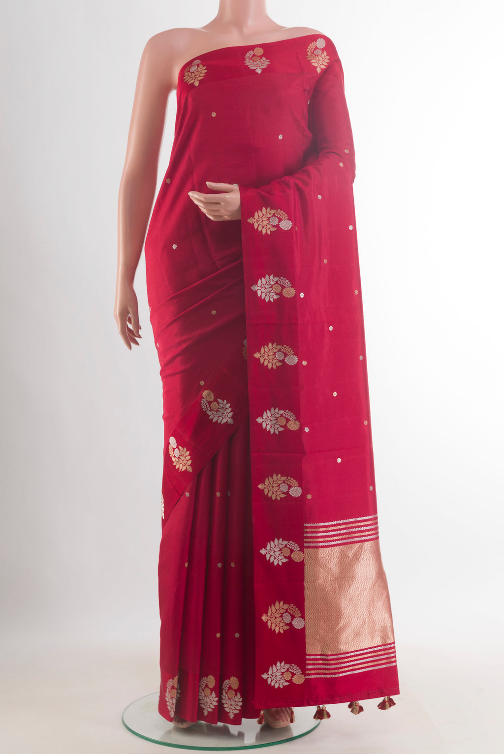 Pure Silk Red Banarasi Katan Saree with Zari Butta on the body and Zari Border.  displayed on a mannequin