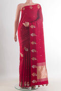 Pure Silk Red Banarasi Katan Saree with Zari Butta on the body and Zari Border.  displayed on a mannequin