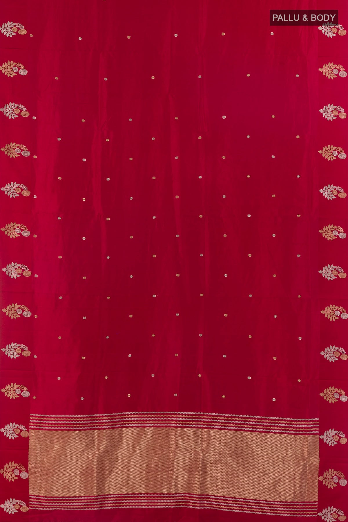Flat view of Pure Silk Red Banarasi Katan Saree with Zari Butta on the body and Zari Border. 