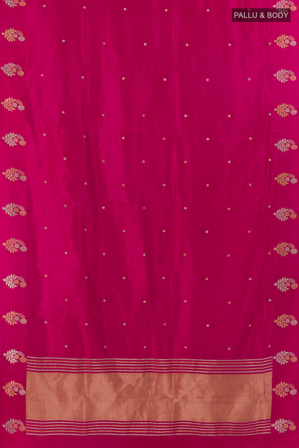 Flat view of Pure Silk Pink Banarasi Katan Saree with Zari Butta on the body and Zari Border. 