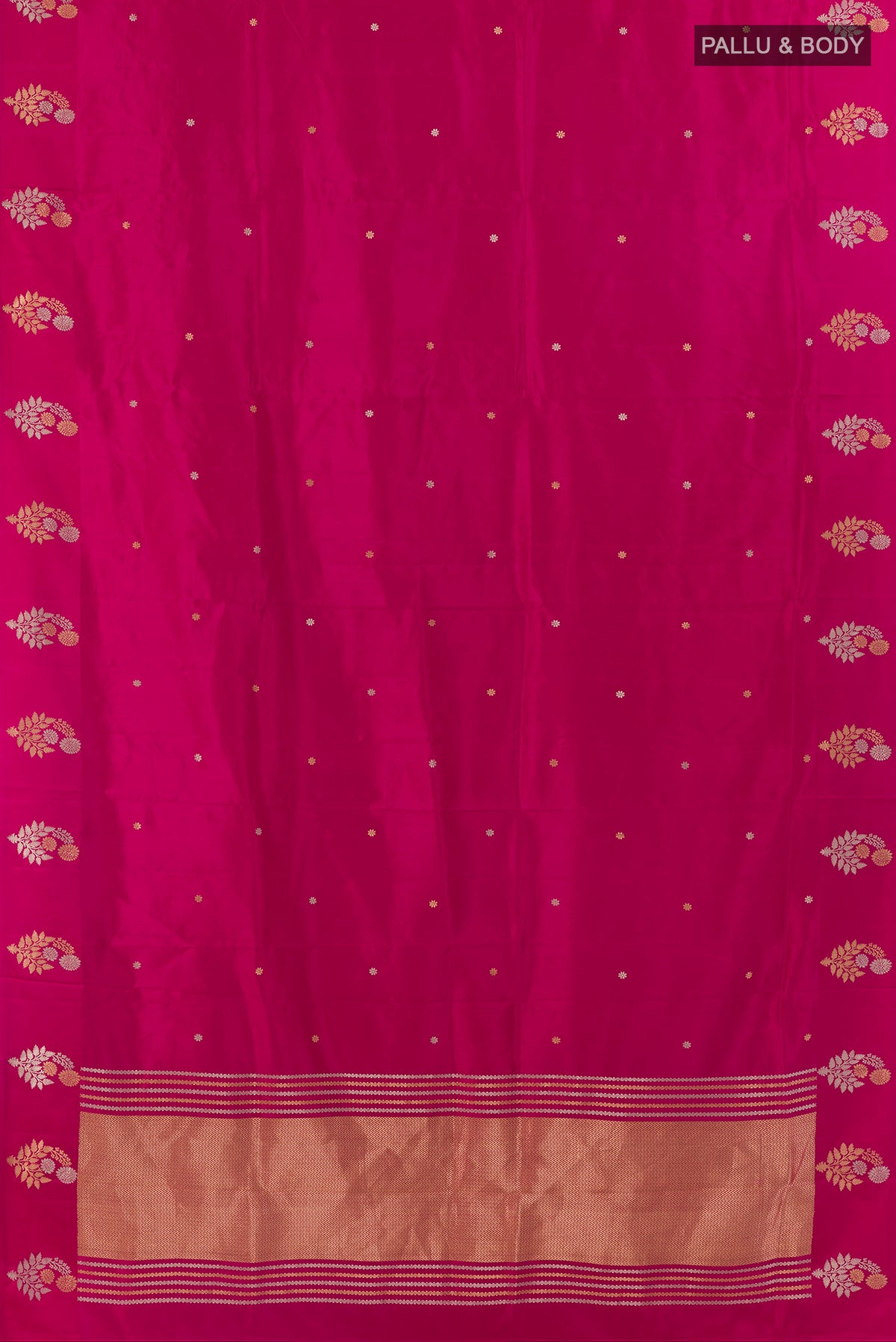 Flat view of Pure Silk Pink Banarasi Katan Saree with Zari Butta on the body and Zari Border. 
