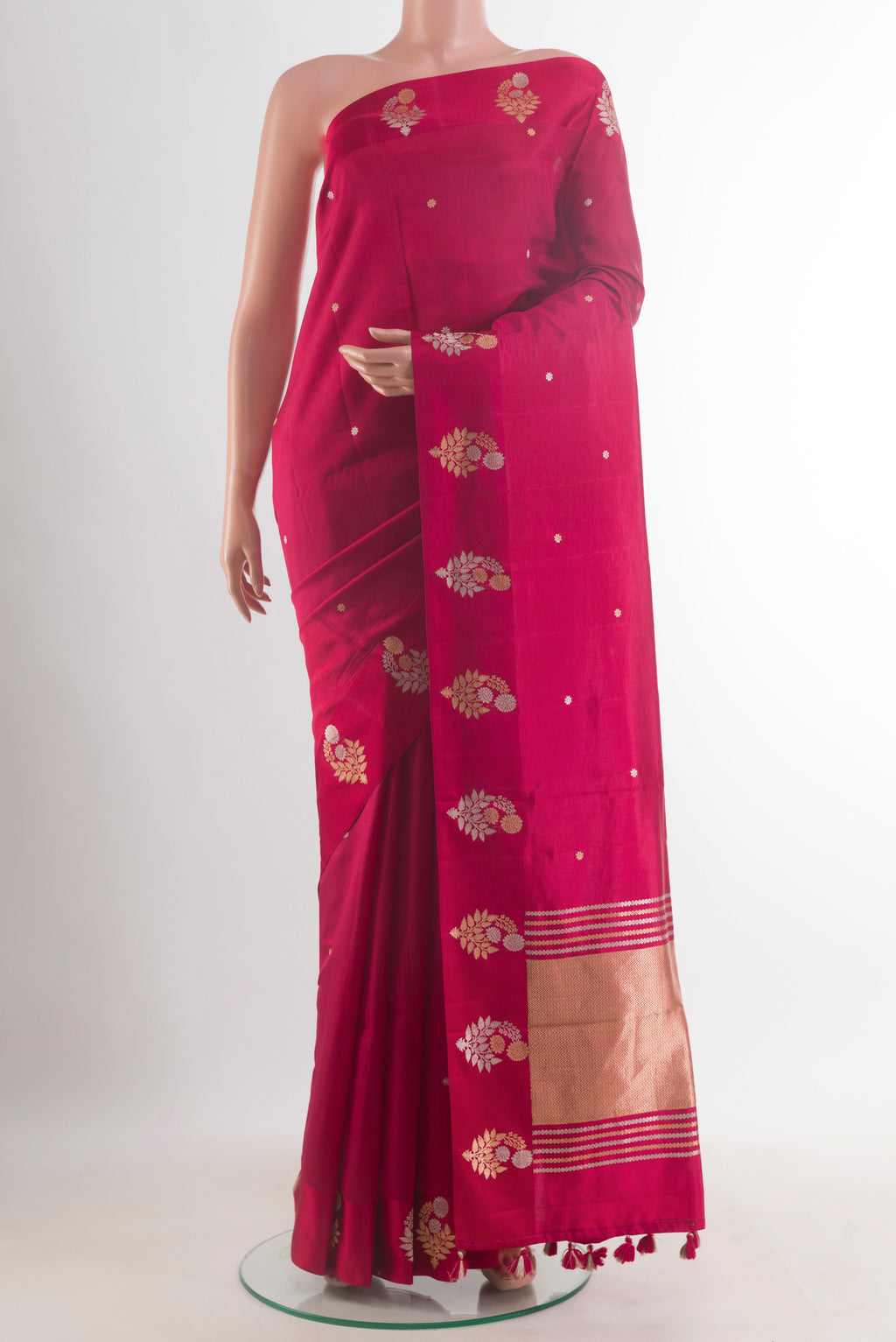 Pure Silk Red Banarasi Katan Saree with Zari Butta on the body and Zari Border.  displayed on a mannequin