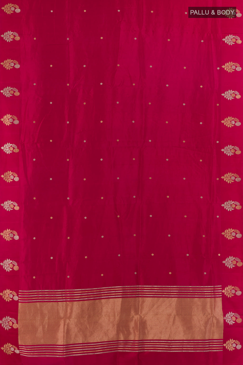 Flat view of Pure Silk Red Banarasi Katan Saree with Zari Butta on the body and Zari Border. 
