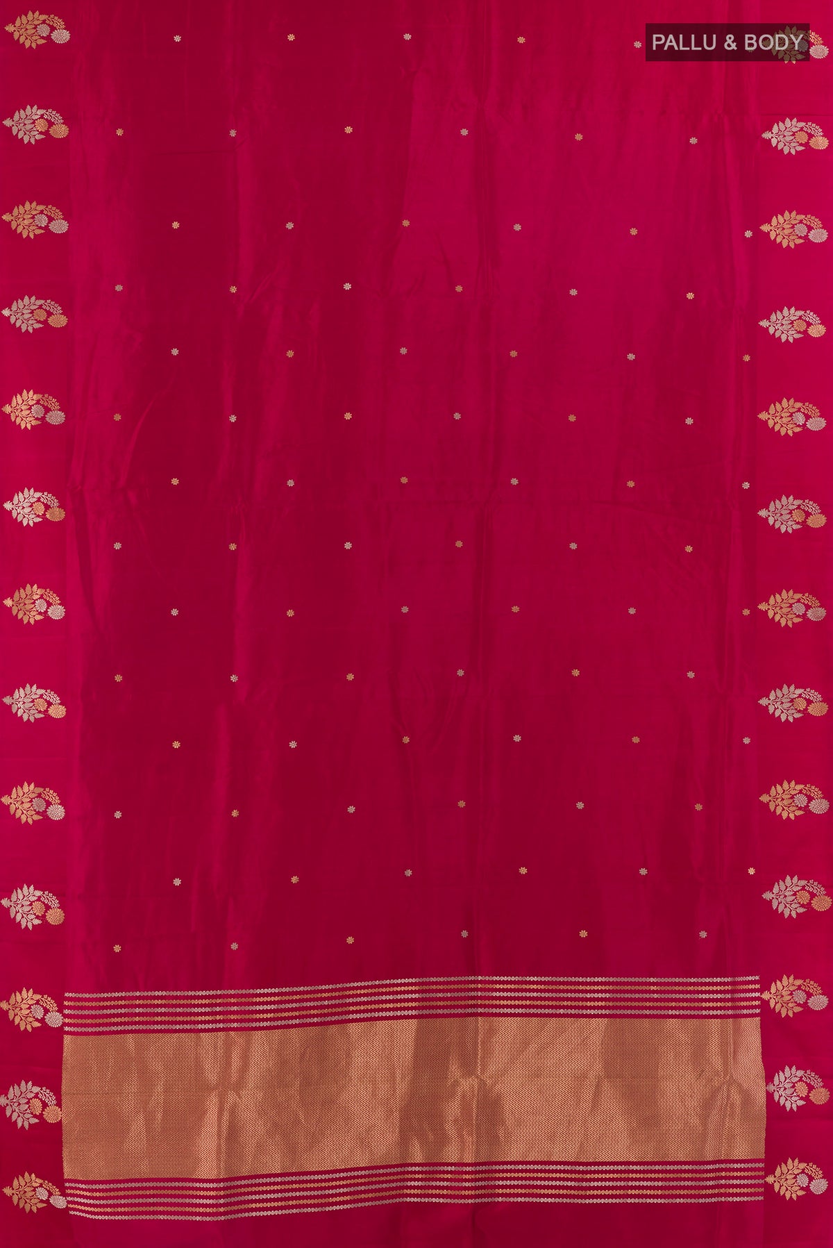 Flat view of Pure Silk Red Banarasi Katan Saree with Zari Butta on the body and Zari Border. 