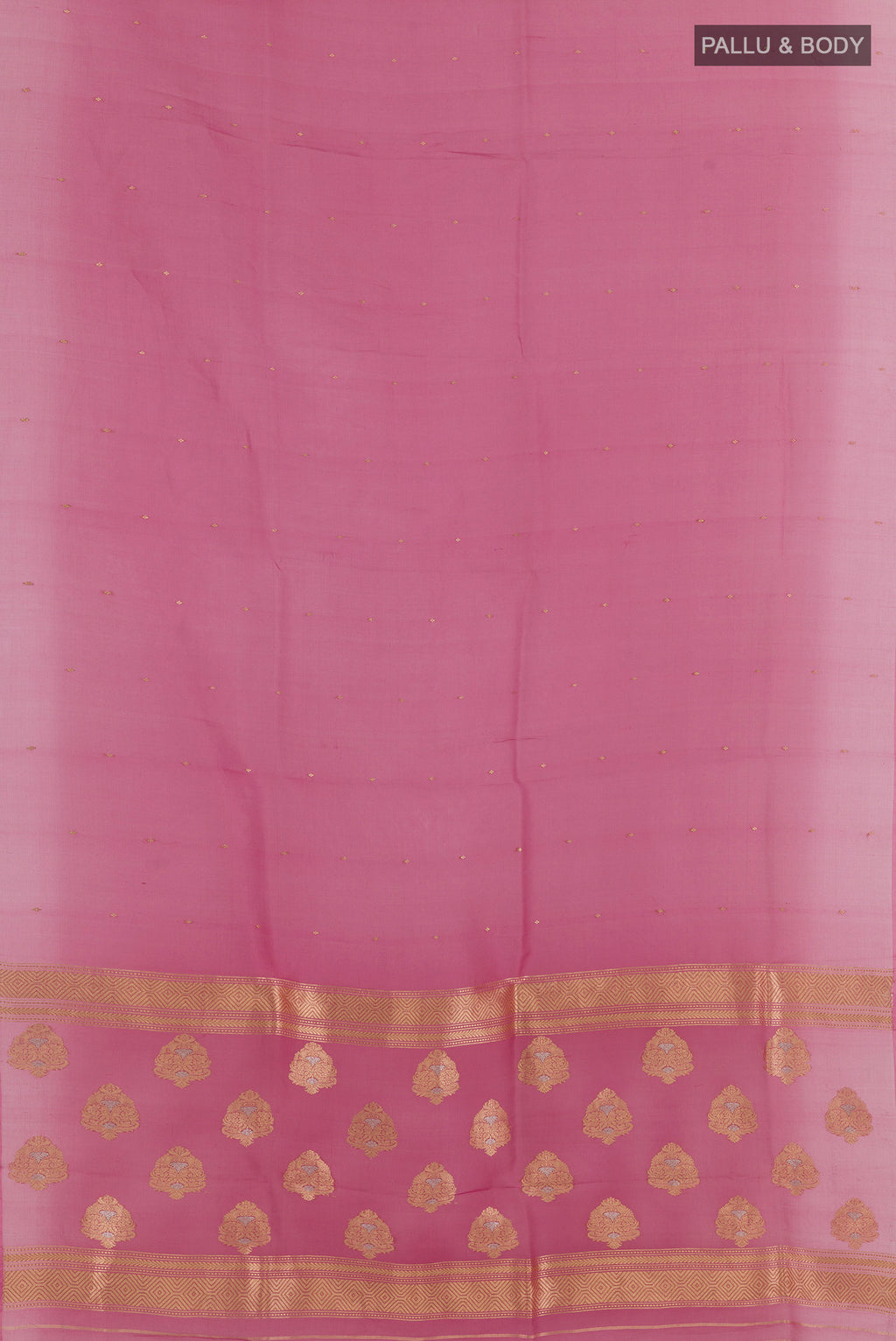 Flat view of Pink Organza Saree with Zari Butta on the body and Without Border. 