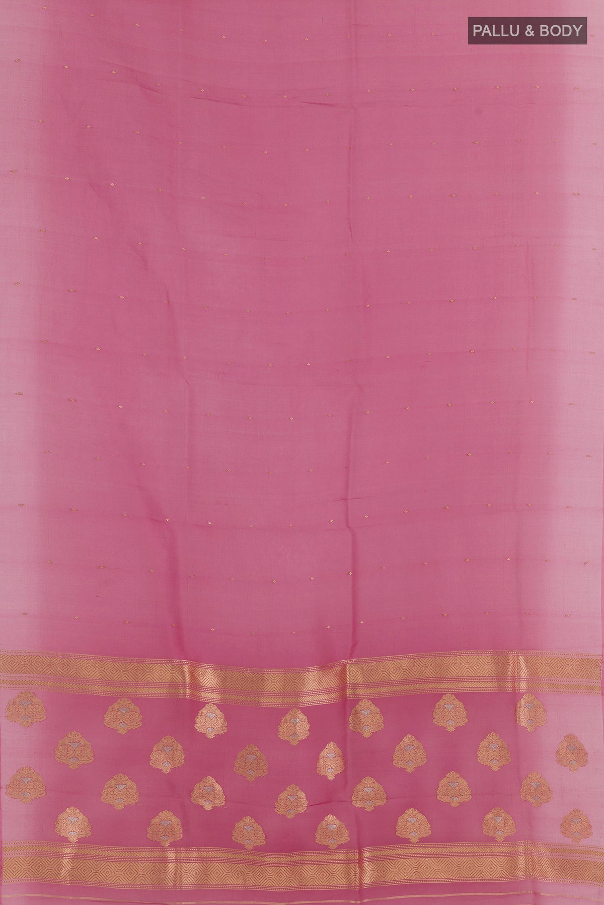 Flat view of Pink Organza Saree with Zari Butta on the body and Without Border. 