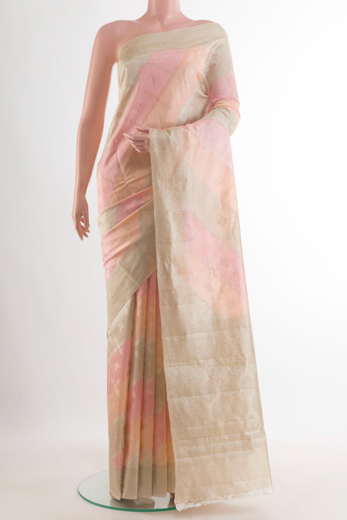 Multi Color Tussar Saree with Zari Brocade on the body and Zari Border.  displayed on a mannequin