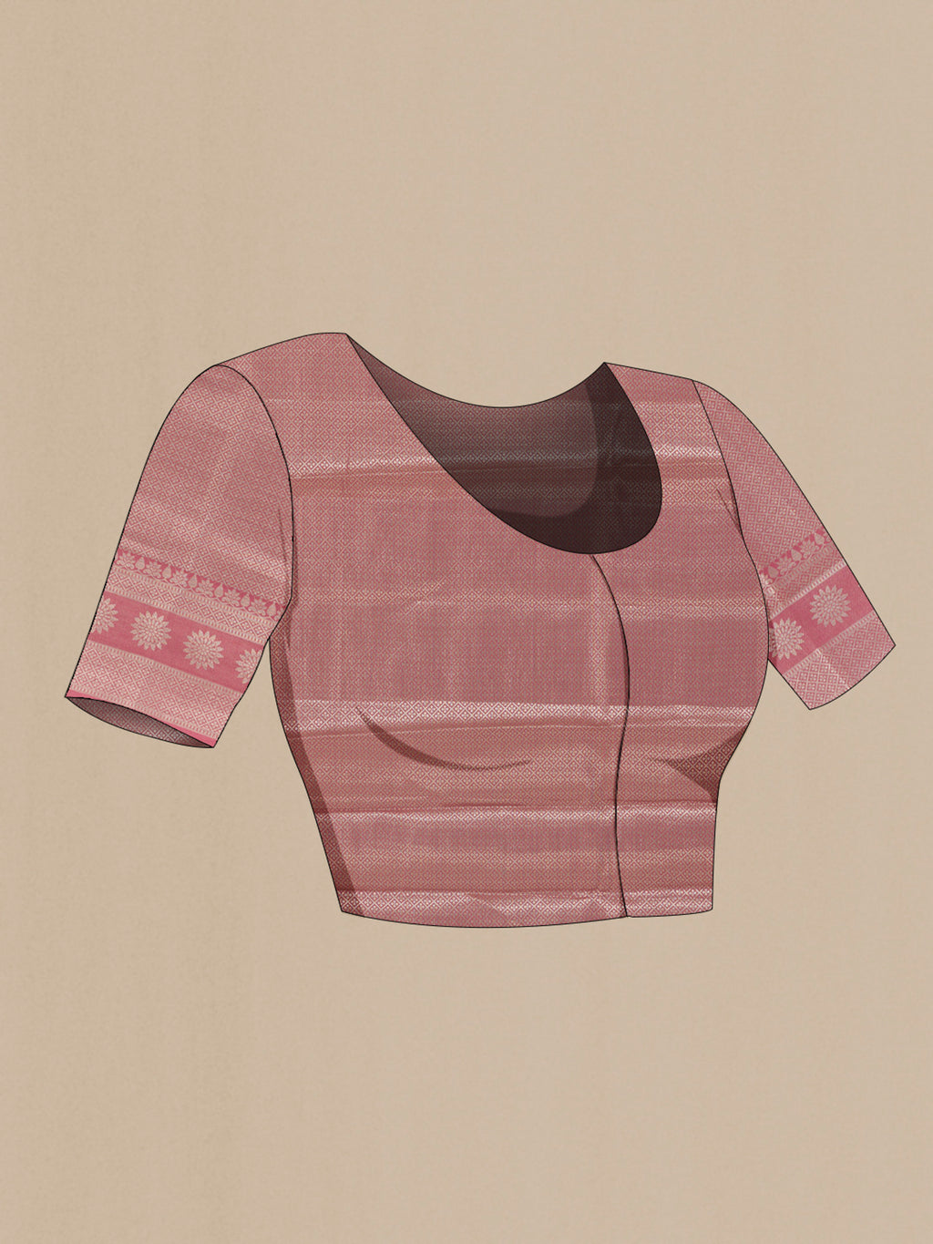 Close up image of the blouse of Pink Tussar Saree with Zari Brocade on the body and Zari Border. 