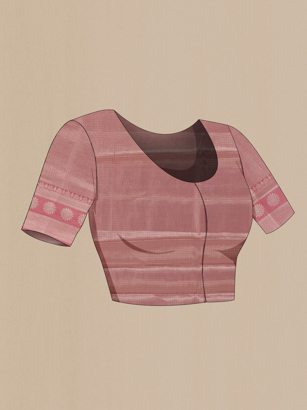 Close up image of the blouse of Pink Tussar Saree with Zari Brocade on the body and Zari Border. 