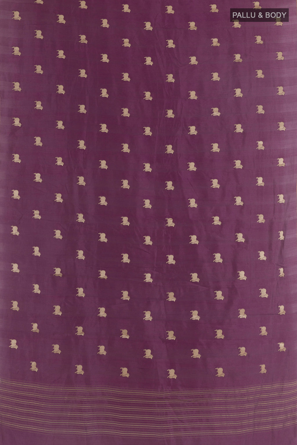 Flat view of Purple Tussar Saree with Zari Butta on the body and Without Border. 