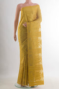 Mustard Tussar Saree with Embroidered on the body and Embroidered Border.  displayed on a mannequin