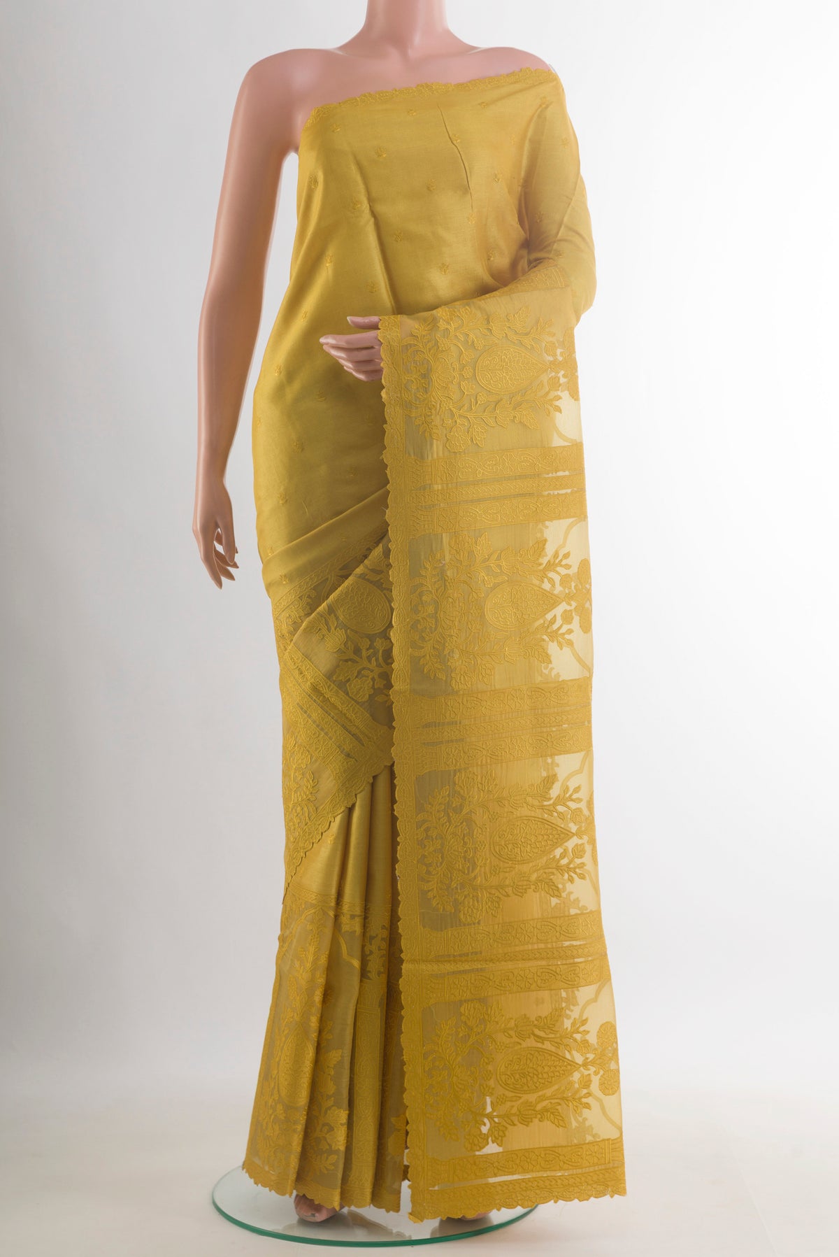 Mustard Tussar Saree with Embroidered on the body and Embroidered Border.  displayed on a mannequin