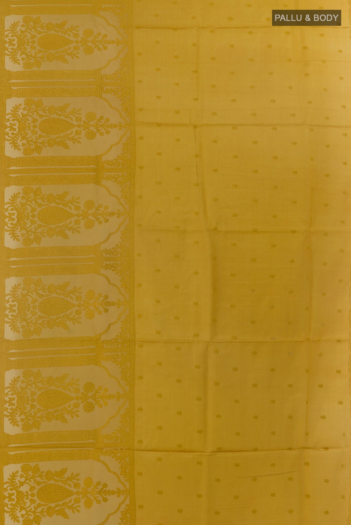 Flat view of Mustard Tussar Saree with Embroidered on the body and Embroidered Border. 