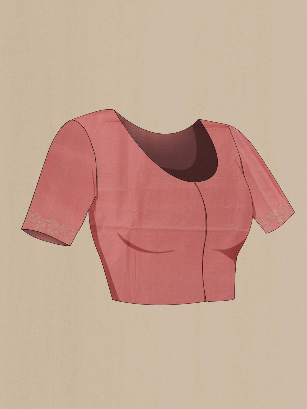 Close up image of the blouse of Peach Tussar Saree with Embroidered on the body and Embroidered Border. 