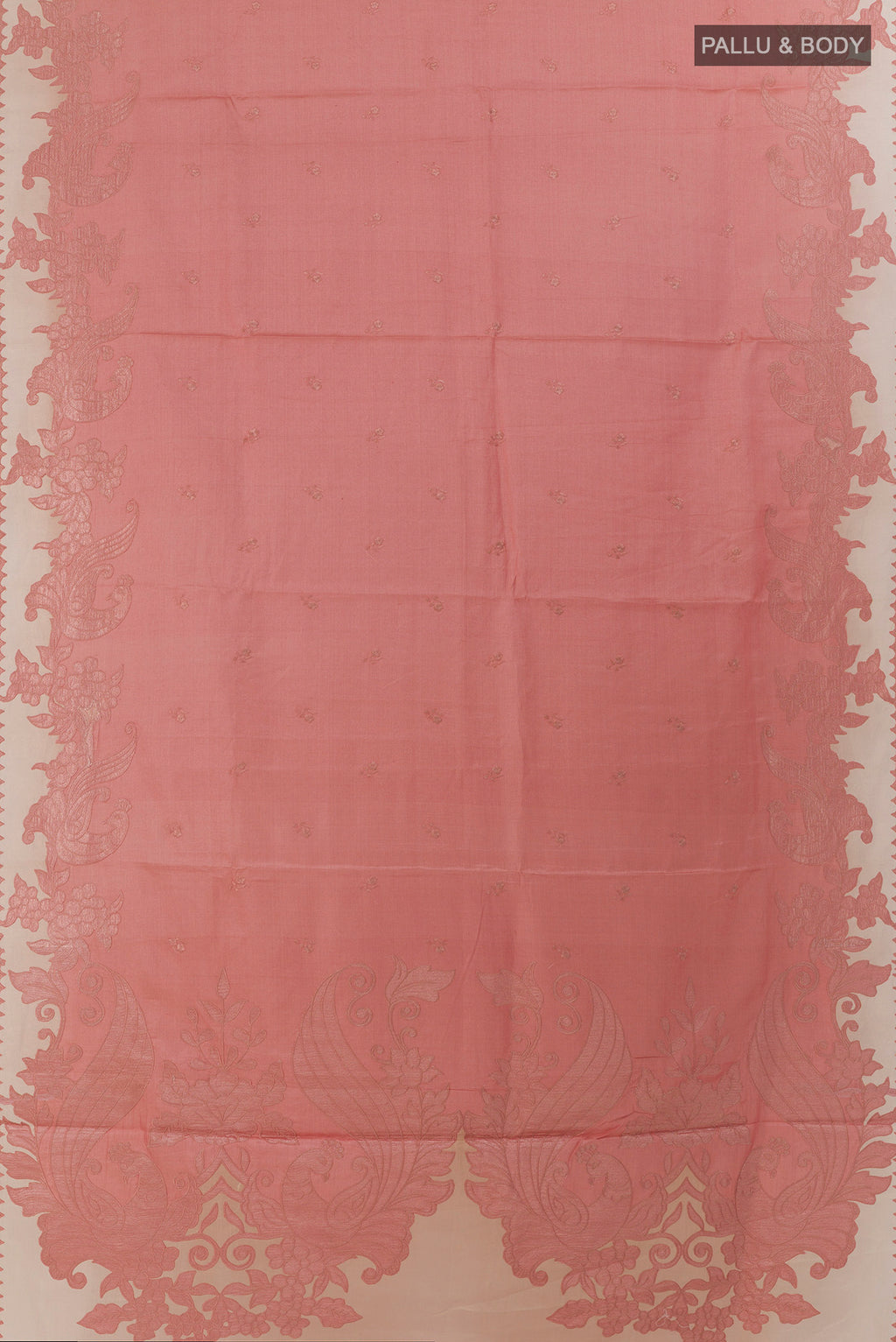 Flat view of Peach Tussar Saree with Embroidered on the body and Embroidered Border. 