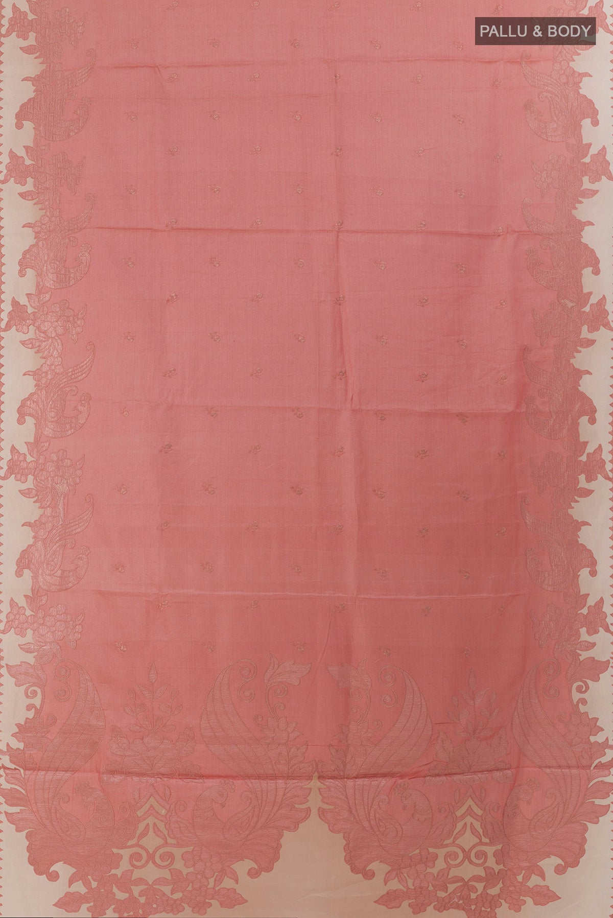 Flat view of Peach Tussar Saree with Embroidered on the body and Embroidered Border. 