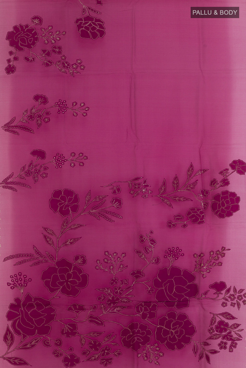 Flat view of Magenta Organza Saree with Embroidered on the body and Embroidered Border. 