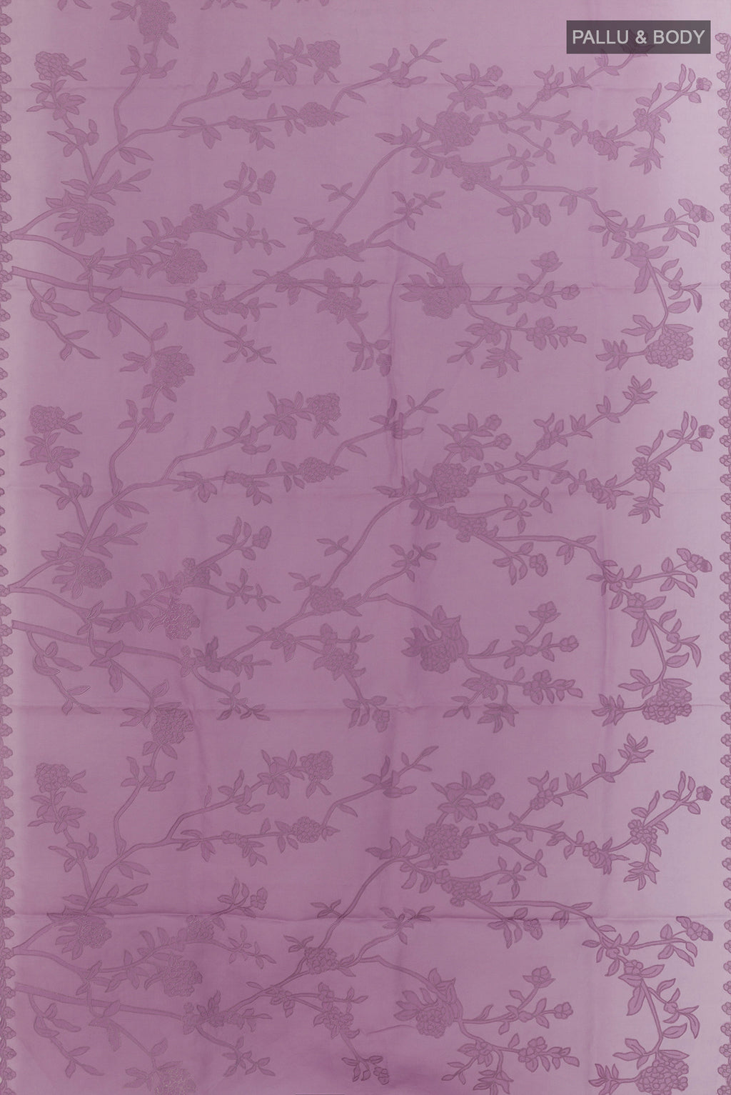 Flat view of Lavender Organza Saree with Embroidered on the body and Embroidered Border. 