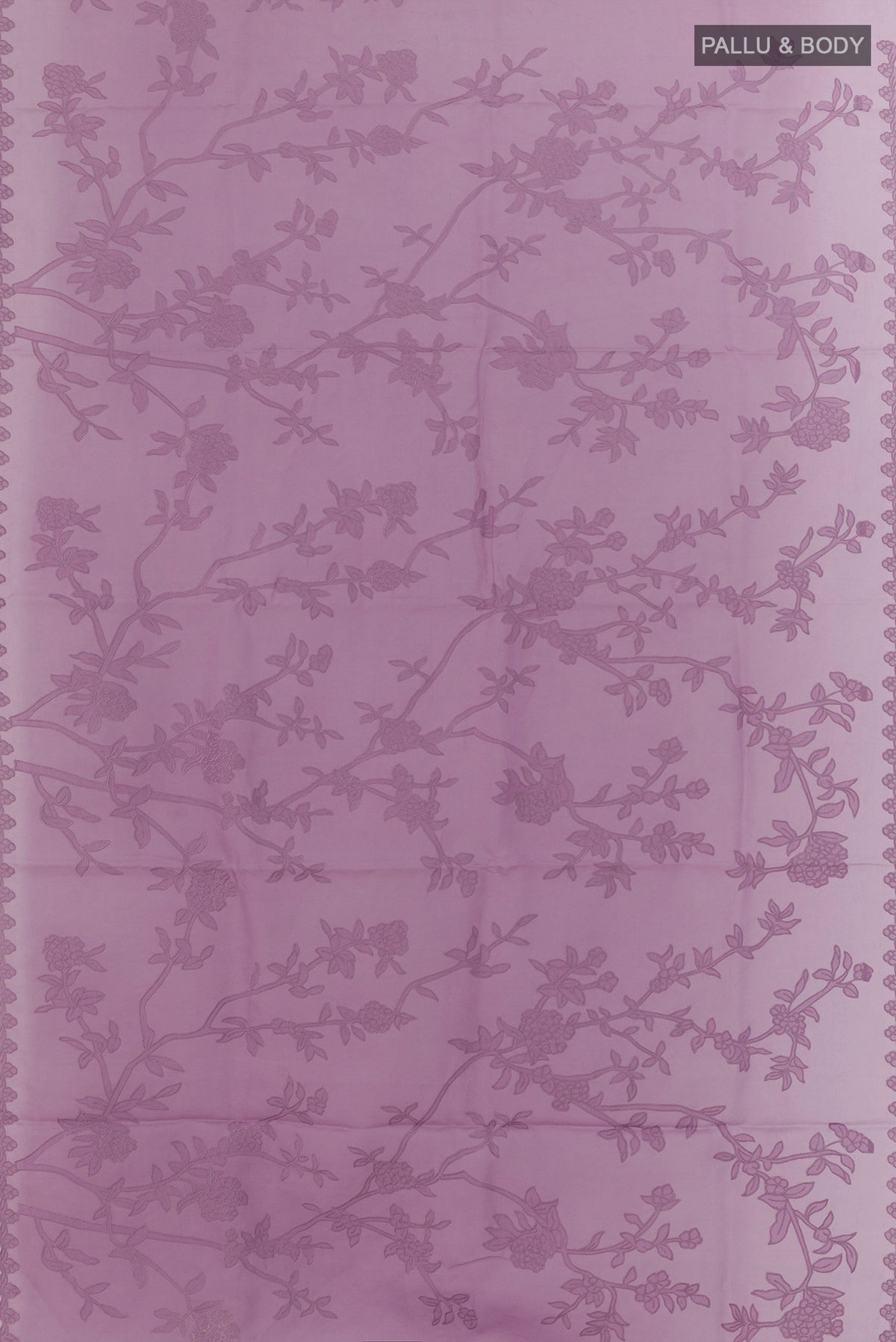 Flat view of Lavender Organza Saree with Embroidered on the body and Embroidered Border. 