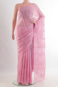 Pink Organza Saree with Embroidered on the body and Embroidered Border.  displayed on a mannequin